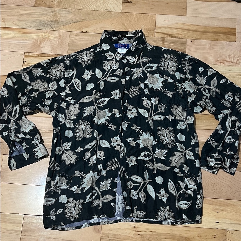 Vintage Silk Floral Button Down Shirt - Black and Cream
